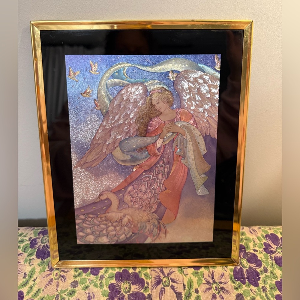 Foil Print Art Angel and Swan vintage